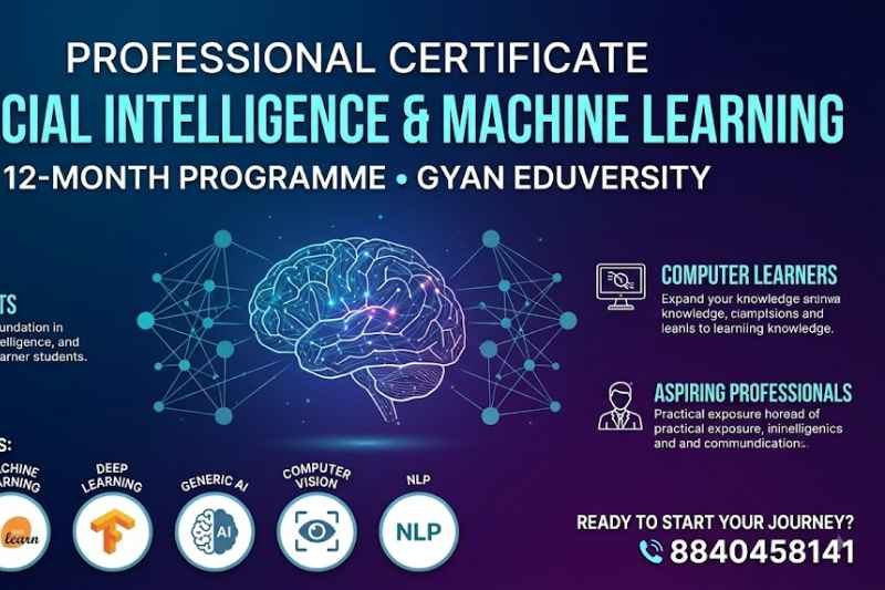 Join Gyan Eduversity's 12-month Professional Certificate in Artificial Intelligence & Machine Learning. Learn Python, Machine Learning, Deep Learning, NLP, Generative AI, Computer Vision and more. Call 8840458141.